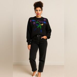 Vintage 80-90’s Black Sequins  Beaded Sweater Women Size Medium RARE